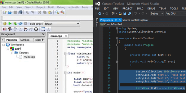 Porównanie code block oraz visual studio