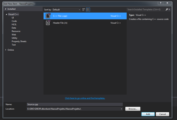 Dodawanie nowej rzeczy do projektu w visual studio