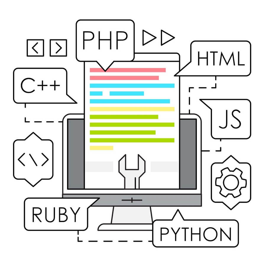 języki programowania HTML, JS, Python, Ruby, C++, PHP