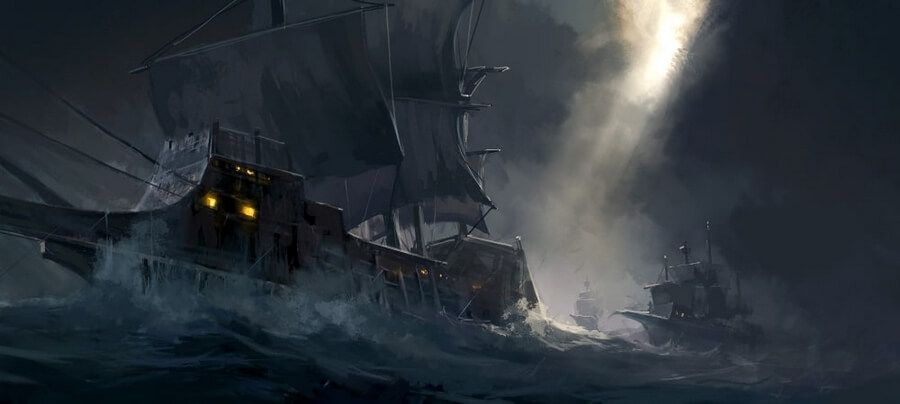 mroczny concept art statków na morzu