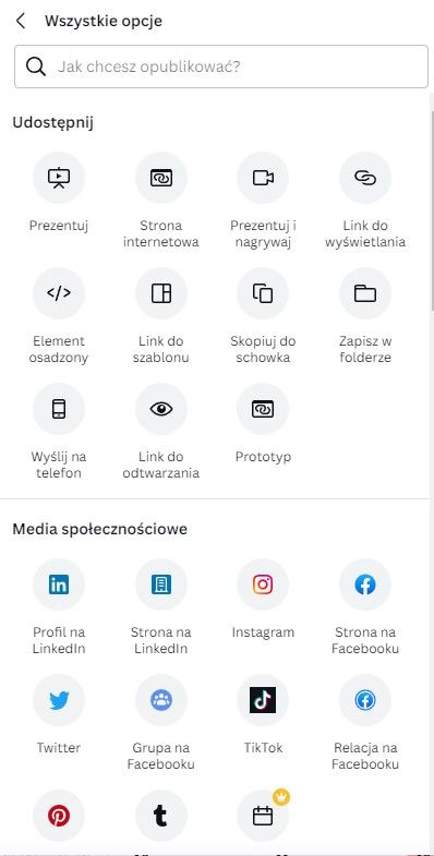 możliwości udostępniania swoich projektów stworzonych w Canva