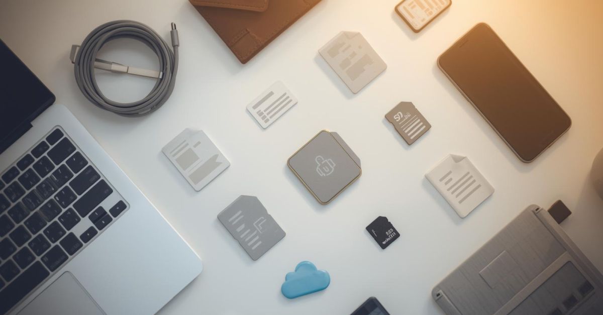 Widok z góry na biurko z laptopem, smartfonem, zewnętrznym dyskiem SSD i kartą SD, obok których widać rozmyte ikony dokumentów, zdjęć i plików projektowych, symbolizujące dane wybrane do kopii zapasowej w chmurze.
